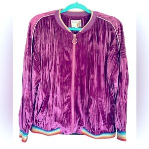 Vintage 80s Purple crushed velvet jacket with brass zip metallic rainbow 🌈 cuffs